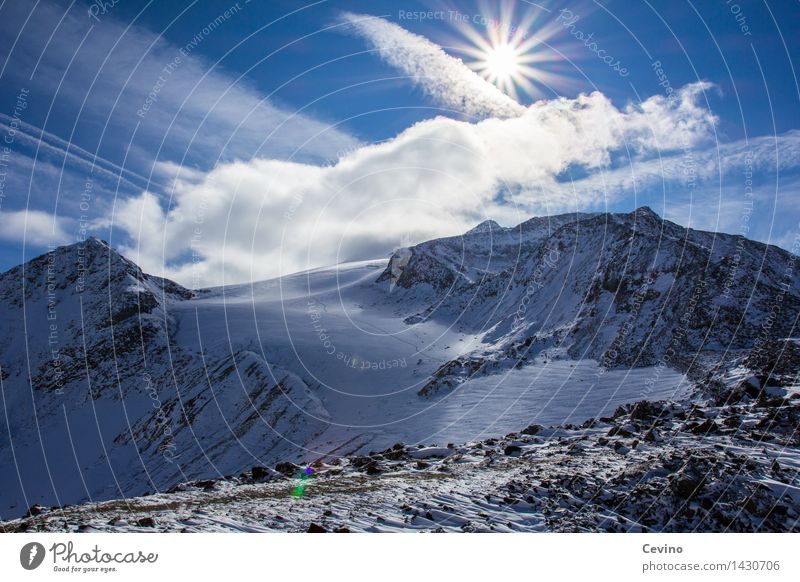 Gletscherblick Natur Landschaft Himmel Sonne Sonnenlicht Schönes Wetter Schnee Felsen Alpen Berge u. Gebirge Kraft Berggletscher Gesteinsformationen