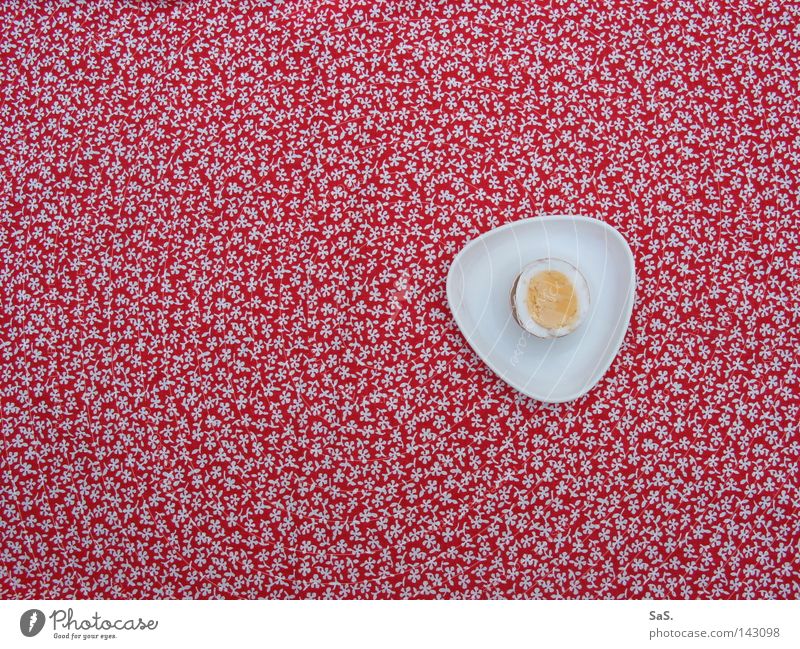 Ei, da schau her. Ernährung Frühstück Tisch Küche Blume Stoff lecker oben retro gelb rot weiß Einsamkeit Eiklar Eigelb Eierbecher Dreieck Eierschale hart