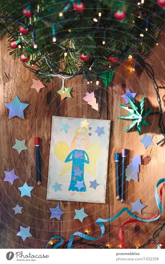 Hand gezeichnete Weihnachtskarte und -dekorationen Handarbeit Dekoration & Verzierung Tisch Weihnachten & Advent Schere Baum Papier Holz Ornament Engel