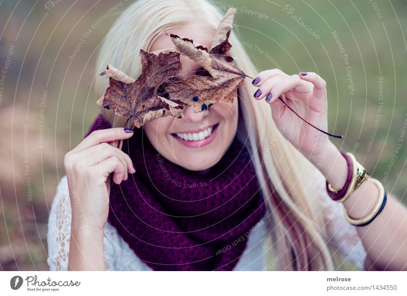 bedeckt gehalten feminin Junge Frau Jugendliche Erwachsene Kopf Haare & Frisuren Gesicht Hand Finger 1 Mensch 18-30 Jahre Landschaft Herbst vertrocknete Blätter
