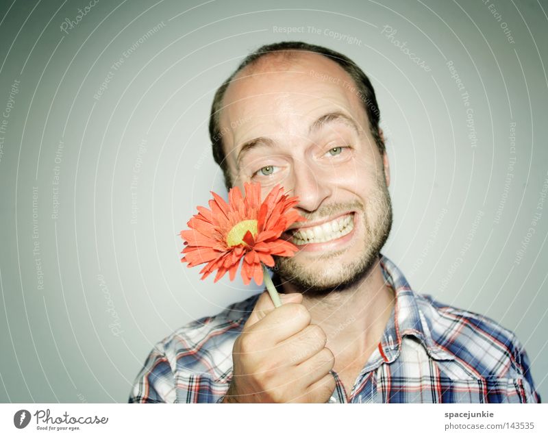 Flower for You Mann Porträt Blume Freundlichkeit Pflanze Hippie Geschenk schenken Freude lustig grinsen lachen Garten Gärtner Natur Valentinstag