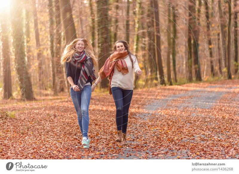 Zwei frohe Frauen, die durch einen Park laufen Lifestyle Freude Gesicht Sonne Erwachsene Freundschaft Hand 2 Mensch 18-30 Jahre Jugendliche Natur Herbst Blatt