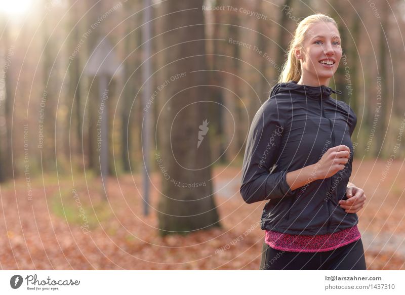 Junge Frau des hübschen Sitzes, die im Waldland rüttelt Diät Lifestyle Körper Gesicht Sport Joggen Erwachsene Natur Herbst blond Fitness Lächeln frisch