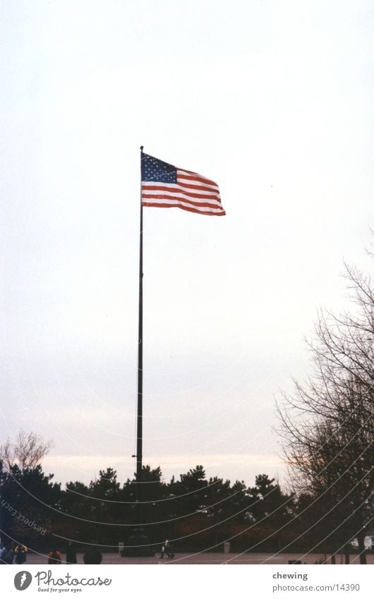 USA Flagge New York City Fahne Nordamerika Wind wehen Nationalflagge Manhattan Fahnenmast Stars and Stripes Vor hellem Hintergrund