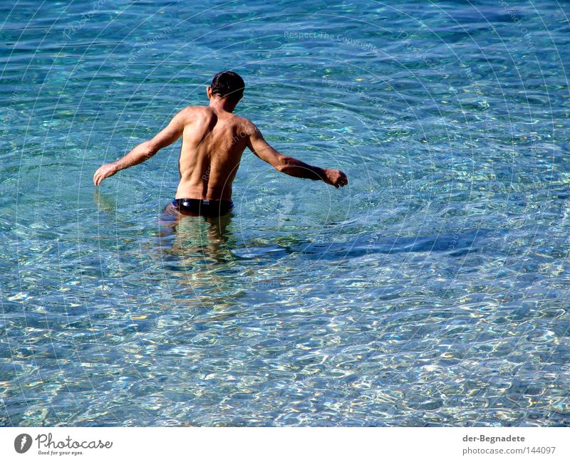 Morgenbad Wasser Schwimmen & Baden Erfrischung zögern Vorsicht unsicher fremd Zufriedenheit Gleichgewicht Mann Rücken Arme Wellen Klarheit Sauberkeit