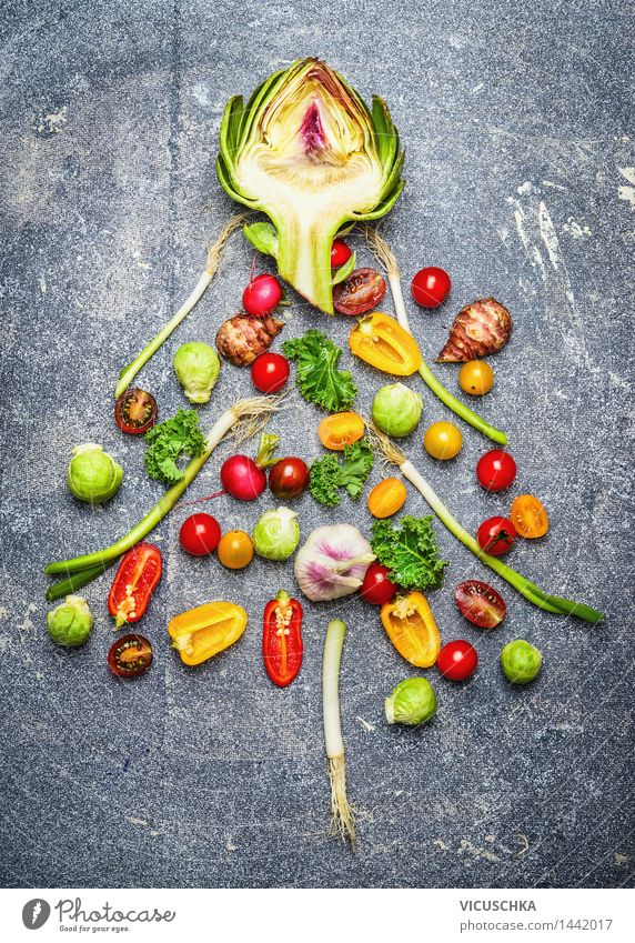 Weihnachtsbaum aus frischem Gemüse Lebensmittel Salat Salatbeilage Ernährung Festessen Bioprodukte Vegetarische Ernährung Diät Stil Design Gesunde Ernährung