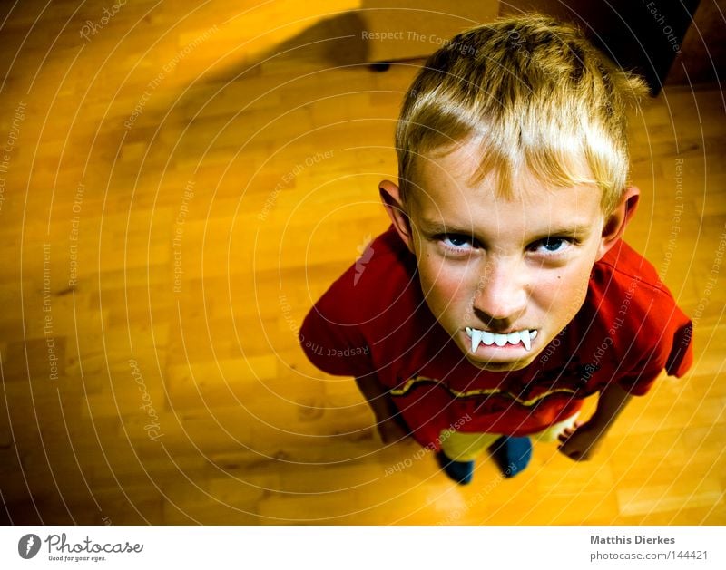 Vampir Haare & Frisuren Gesicht Kind Mensch Junge Zähne 8-13 Jahre Kindheit T-Shirt blond klein lustig Wut rot selbstbewußt Ärger Segelohr Unsinn Grimasse Witz