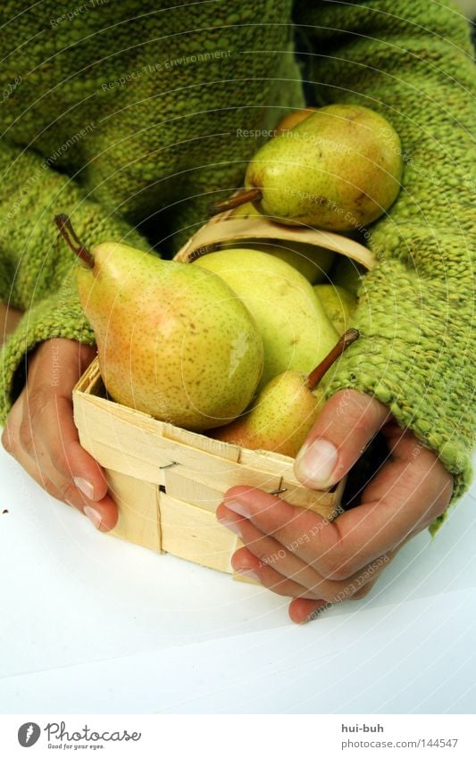 Birnenmädchen ||. Korb Hand Mensch grün Herbst Frucht Natur frisch lecker Geschmackssinn Gesundheit Zufriedenheit harmonisch Ernährung Lebensmittel Schornstein