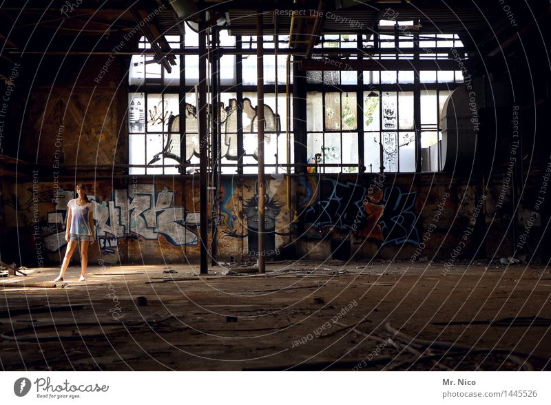 gekommen um zu bleiben feminin Junge Frau Jugendliche Industrieanlage Fabrik Ruine Fenster dreckig lost places Graffiti Halle Lichtpunkt Kulisse Zerstörung