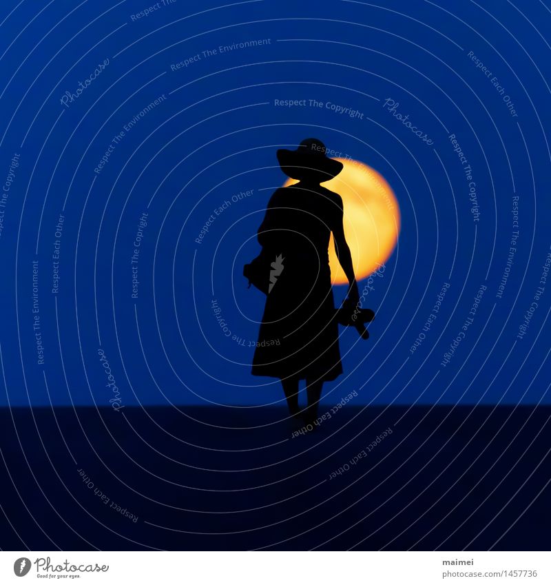 Barfuß durch die Nacht harmonisch Wohlgefühl wandern Frau Erwachsene 1 Mensch Natur Mond Vollmond Straße Kleid Hut gehen Mut Einsamkeit Abenteuer Freiheit