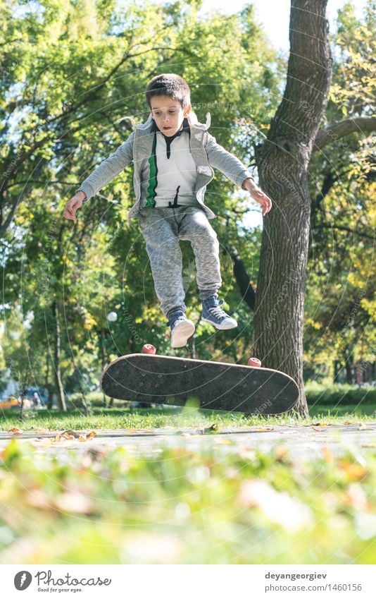 Junge mit Skateboard im Park Lifestyle Freude Erholung Freizeit & Hobby Sommer Sport Kind Mensch Mann Erwachsene Herbst Blatt Straße Coolness Skateboarding jung