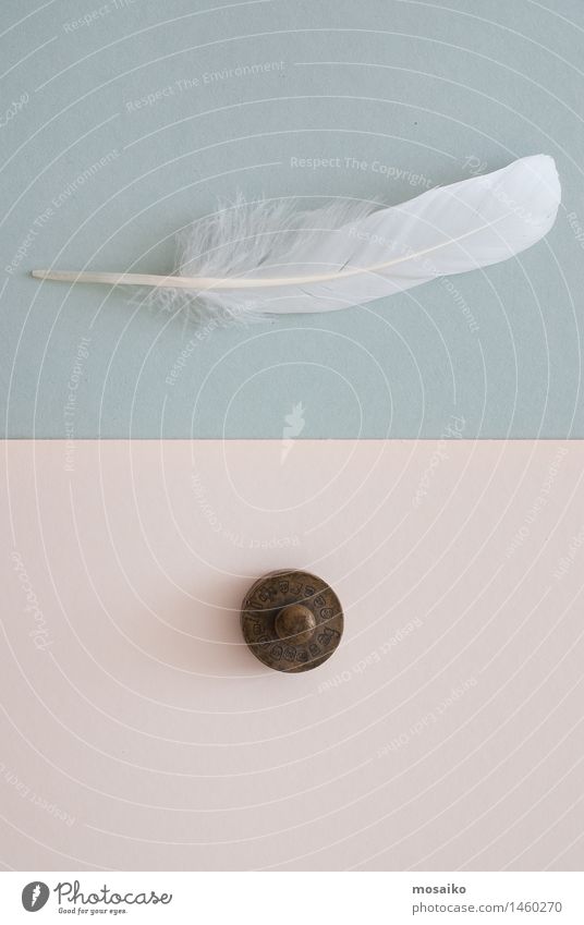 weiße Feder und Gewicht Papier Zufriedenheit gleich Kreativität Pause Surrealismus Symmetrie oben Vogel blau Schwerelosigkeit Diät Kontrast schwer Himmel Erde