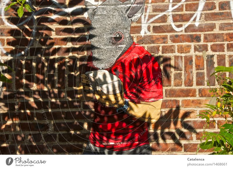 Graffiti einer  schnuppernden Maus maskulin androgyn 1 Mensch Kunst Subkultur Straßenkunst Hauswand Shirt Armbanduhr grauhaarig kurzhaarig Behaarung Tier Stein