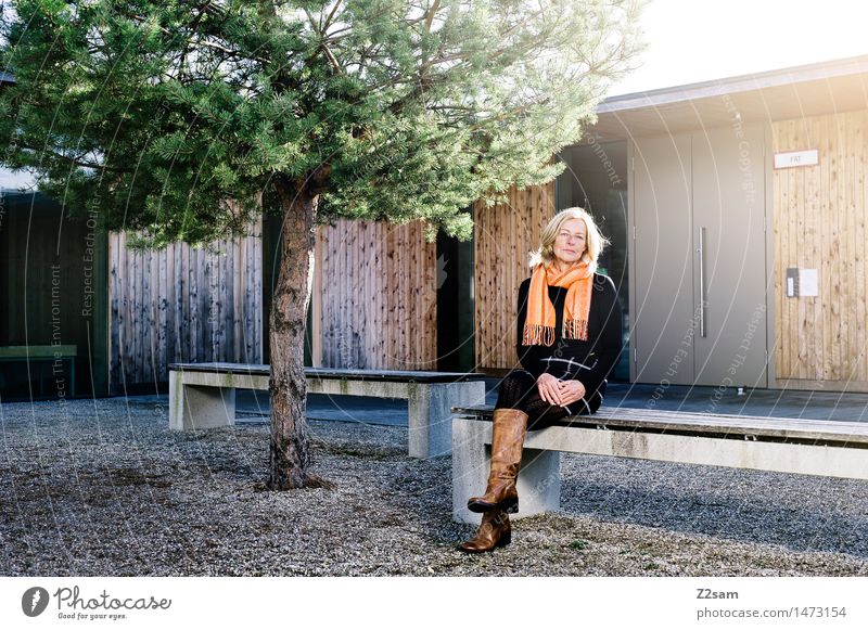 Traudl Lifestyle elegant Stil feminin Frau Erwachsene 45-60 Jahre Sonnenlicht Herbst Schönes Wetter Baum Bank Mode Pullover Rock Schal blond Erholung genießen