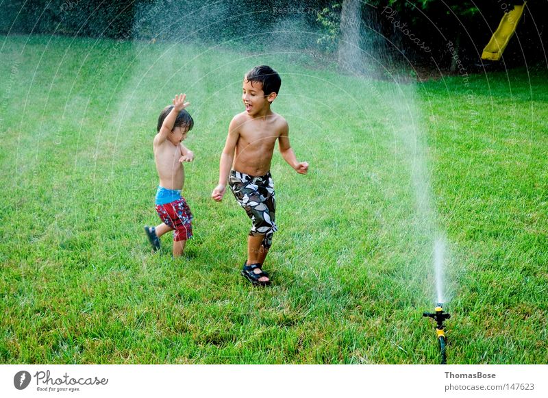 Sprinklerspaß Sommer Wasser Hinterhof spielend Freude USA Jungen Sprinkleranlage Kinder