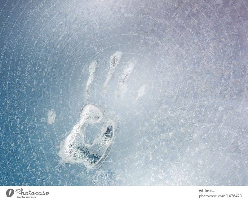 das eiskalte händchen Hand Winter Eis Frost Fensterscheibe Handabdruck gefroren hell-blau Fingerabdruck Kriminalroman Strukturen & Formen Menschenleer