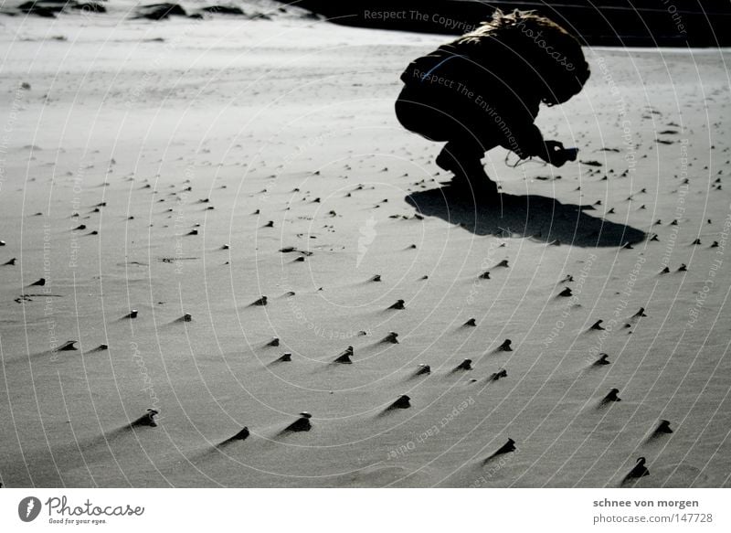 motiv gefunden Strand Nordsee Wind Wasser See Schatten Mensch Frau Fotograf Fotografieren gebeugt Körperhaltung Muschel Sand Wattenmeer Ebbe Flut Wassermassen