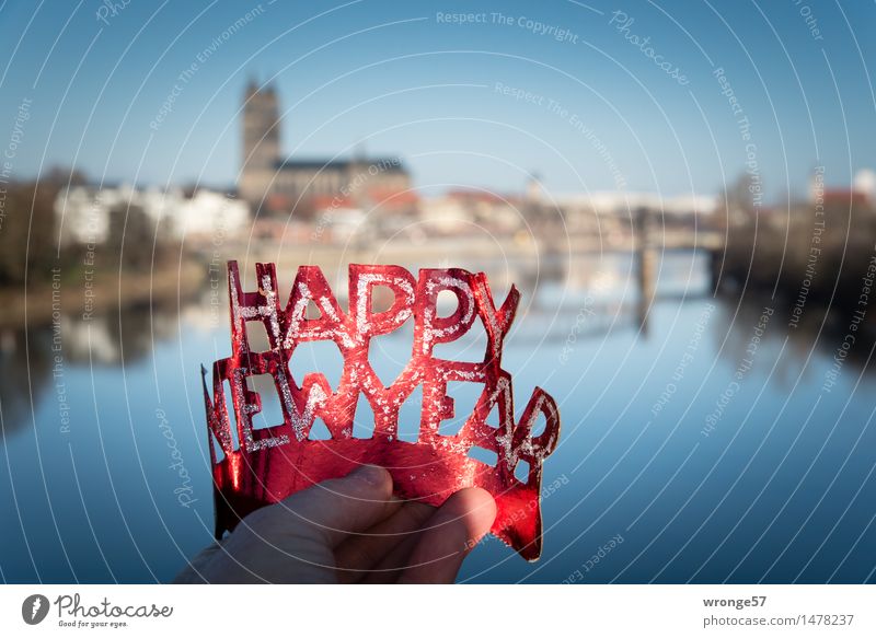 HAPPY NEW YEAR Magdeburg Deutschland Europa Dom Brücke Stadt blau rot schwarz Lebensfreude Wunsch Silvester u. Neujahr Panorama (Aussicht) Fluss Elbe Farbfoto