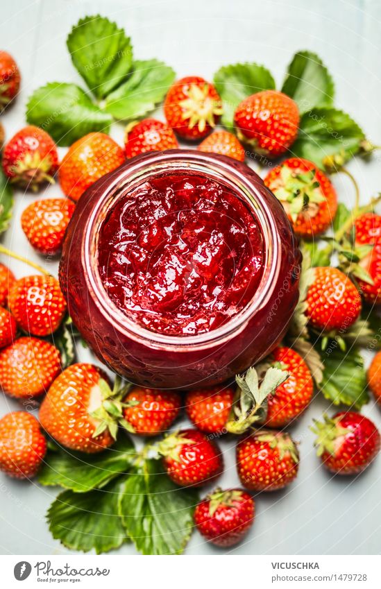 Erdbeeren Marmeladenglas Lebensmittel Frucht Dessert Ernährung Frühstück Bioprodukte Vegetarische Ernährung Diät Getränk Glas Stil Design Gesunde Ernährung