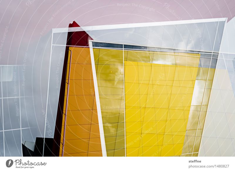 Eine Frage der Perspektive Fassade eckig Doppelbelichtung gelb orange Linie Farbfoto mehrfarbig Außenaufnahme Experiment abstrakt Muster Strukturen & Formen