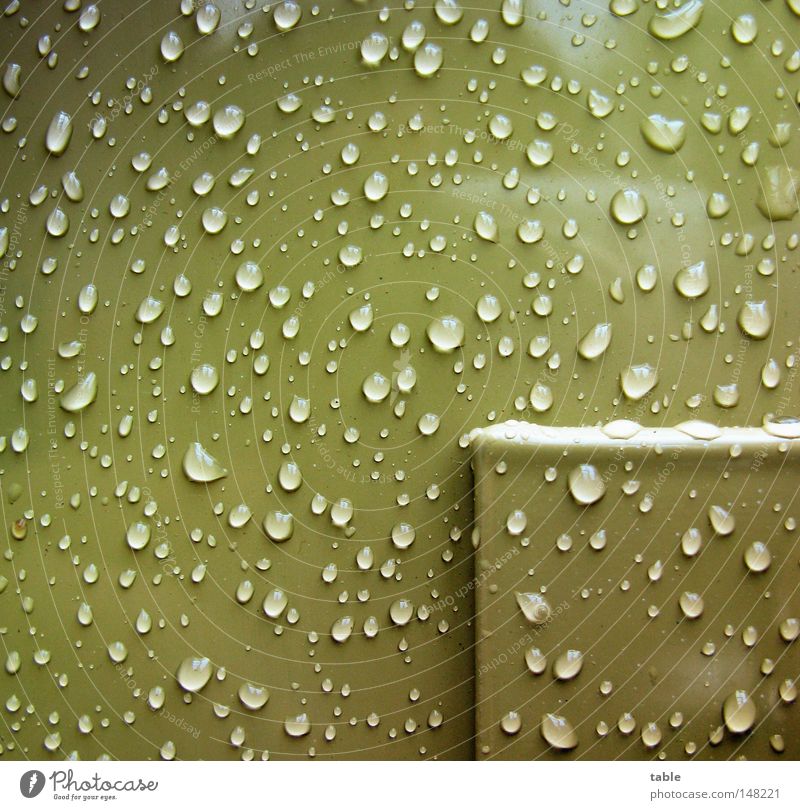 Regenzeit Balkon Lack hydrophob glänzend Wassertropfen Tropfen nass feucht Sauberkeit kalt grün Reflexion & Spiegelung Herbst Quadrat Handwerk Makroaufnahme
