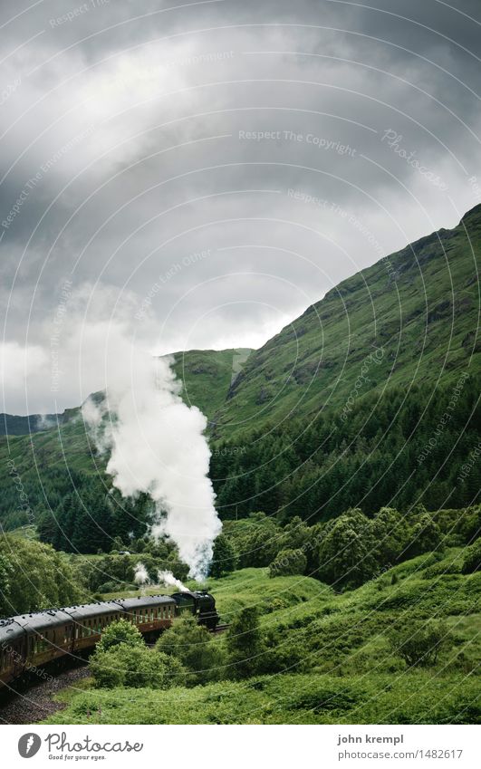 Dampf ablassen Natur Wald Hügel glenfinnan Schottland Verkehr Verkehrsmittel Schienenverkehr Bahnfahren Eisenbahn Lokomotive Dampflokomotive Personenzug dunkel