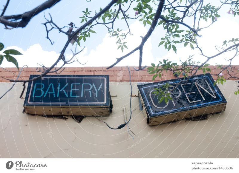 Kernkompetenz: Backen Teigwaren Backwaren Ernährung genießen Bäckerei Problemlösung unvollendet Schilder & Markierungen Werbung Außenwerbung Hinweis Neigung
