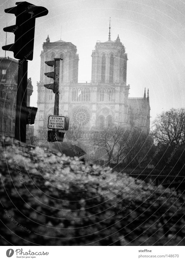 Hagel Notre-Dame Paris Frankreich Ampel Unwetter Regen Stimmung schwarz weiß bedrohlich Endzeitstimmung Apokalypse Wahrzeichen Denkmal Gotteshäuser Traurigkeit