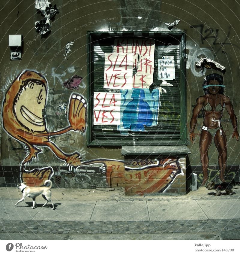 strassenfeger Straßenkunst Kunst Haus Wand Klebstoff Affen Hund Mensch Bürgersteig Stadt Untergebener Sklaven Bodybuilder Muskulatur Fenster Rollladen