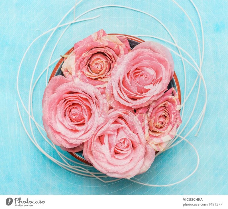 Schüssel mit Rosen auf blauem Hintergrund Stil Design Wellness Spa Feste & Feiern Valentinstag Muttertag Geburtstag Natur Blume Blüte rosa aromatisch