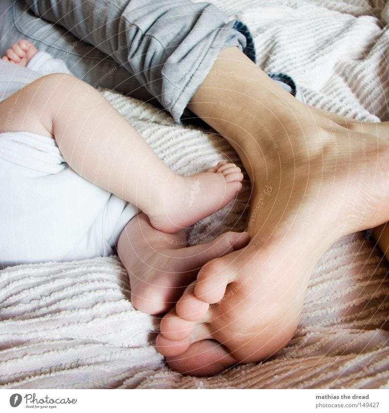 FEET IV 2 Paar Kind Familie & Verwandtschaft Fuß Baby groß klein liegen Erholung Fußsohle Junge ruhen Pause winzig Beine Mensch ruhig Schuhe Kleinkind Vater