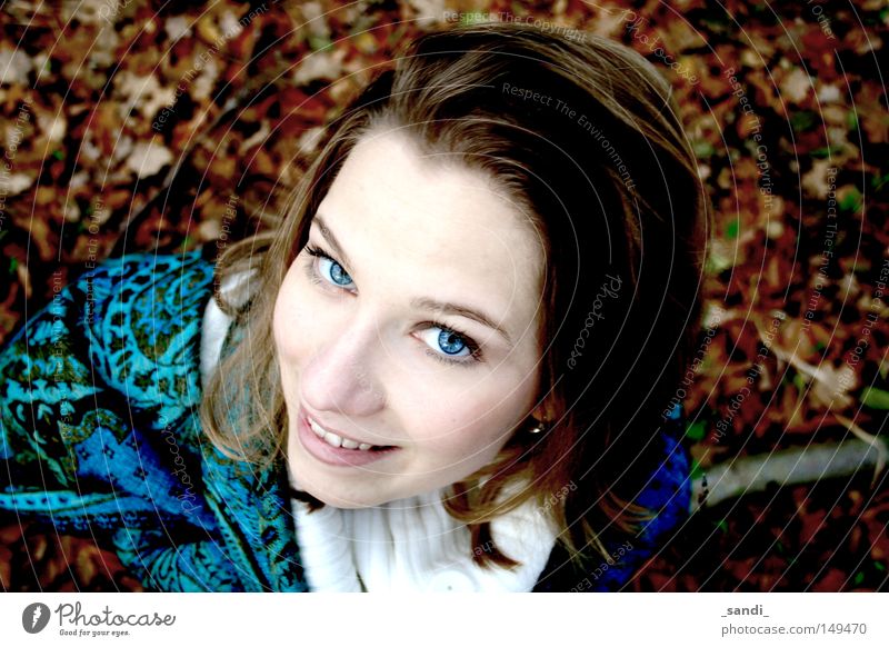Herbstimpressionen Blatt Frau Kontrast Perspektive blaue Augen intensive Farben
