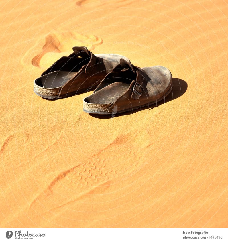 Sandalen im Sand Ferien & Urlaub & Reisen Tourismus Ausflug Abenteuer Natur Landschaft Sonne Sommer Klima Wüste Bekleidung Leder Schuhe Bewegung Duft gehen