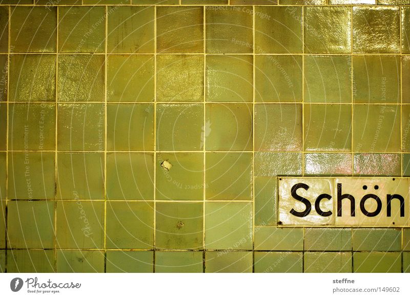 Schön Freude schön Schriftzeichen gelb grün Typographie Wand Wort Fliesen u. Kacheln Farbfoto