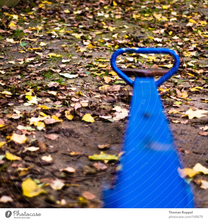 blaue Wippe Blatt grün Herbst Spielplatz Spielzeug gelb Schaukel Freude Spielen Kindheit Außenaufnahme