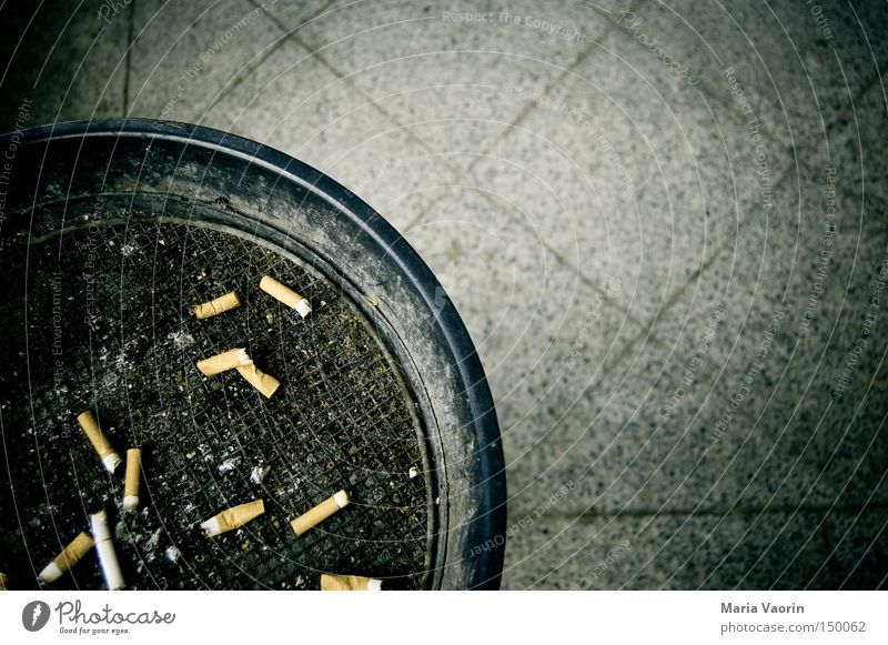 Abfalleimer in Kombination mit einem Ascher Aschenbecher dreckig grau Ekel Nikotin Sucht hässlich Rauschmittel ausgedrückt Vogelperspektive Zigarettenstummel