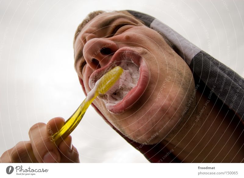 Zähneputzen Zahnarzt Mund Lippen Zahnbürste Nasenloch lustig Sommer Jugendliche zahnhygiene Sauberkeit Musikfestival Fischauge Gesicht froodmat verknautscht