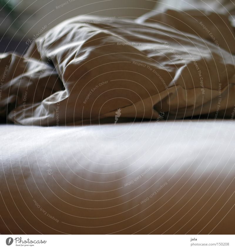 unmade bed Raum Bett Bettdecke weiß beige Schlafmatratze unordentlich Bettwäsche Möbel Schlafzimmer Nahaufnahme kuschlig Falte weich gebraucht Menschenleer