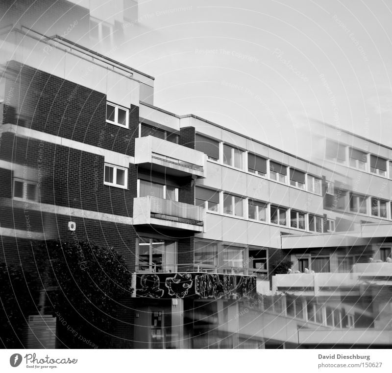 Gedoppelte Schule Haus Gebäude Fenster 2 Prisma Mauer Schliere Schulgebäude Bauwerk Tür Eingang Schüler Schwarzweißfoto Detailaufnahme Doppelbelichtung