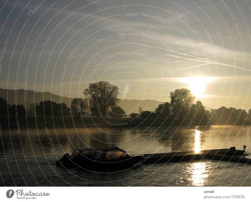 Morgens Elbe Morgendämmerung Sonnenaufgang Sonnenuntergang Fluss Abenddämmerung Anlegestelle Natur Landschaft Wasser Nebel Wasserfahrzeug Bach
