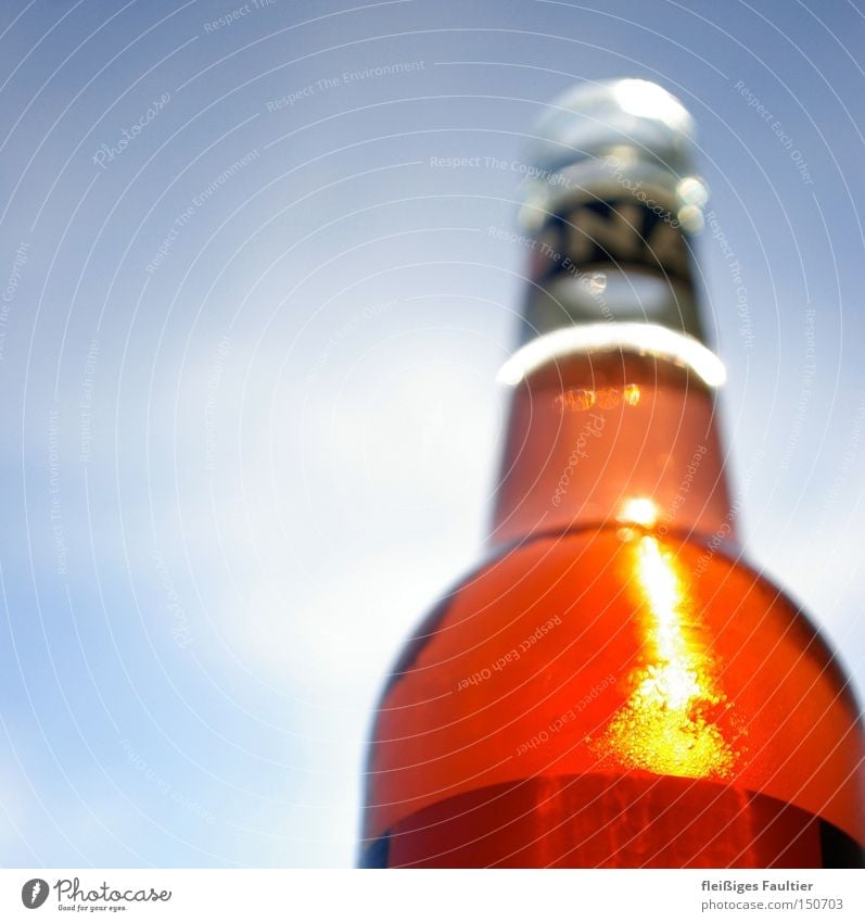 ein kühles Rotes Limonade Flasche Reflexion & Spiegelung Himmel trinken Durst Außenaufnahme Bioprodukte perlend Untersicht