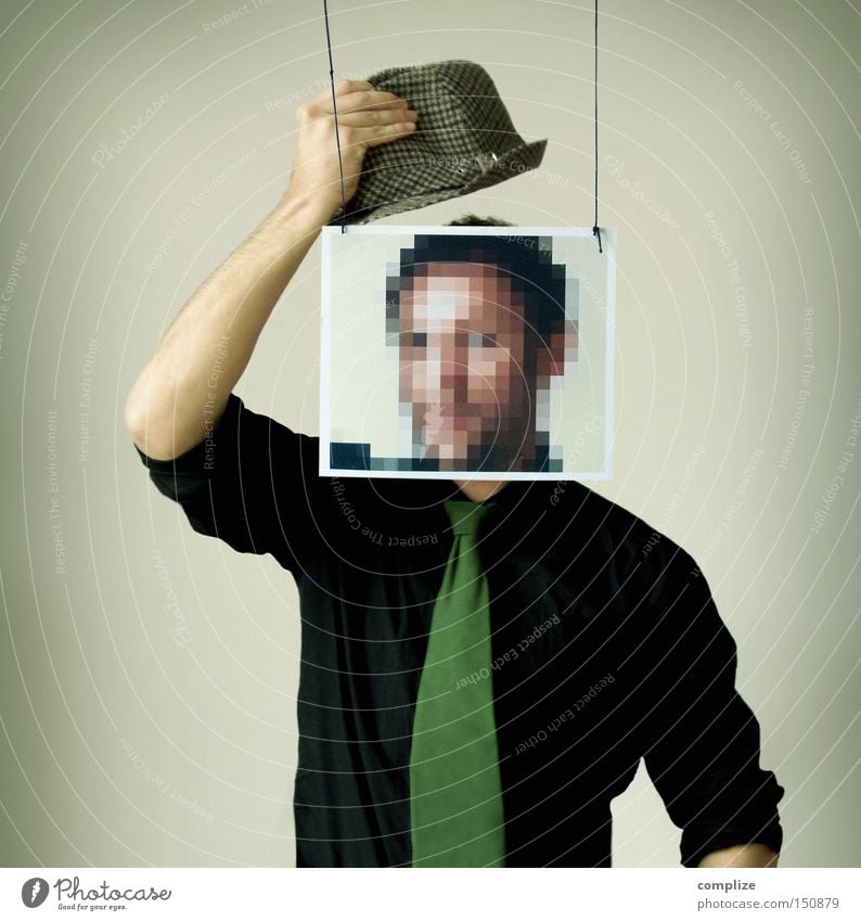 Bonjour Monsieur Pixel Gesicht Mann Erwachsene Neue Medien Hemd Krawatte Maske Hut Kommunizieren Idee Kreativität anmelden anonym Datenschutz Sicherheit