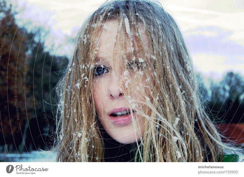 flocken fixiert. Schnee Flocke Haare & Frisuren Gesicht kalt Baum Winter Porträt Freude braun weiß blond Frau schön Momentaufnahme