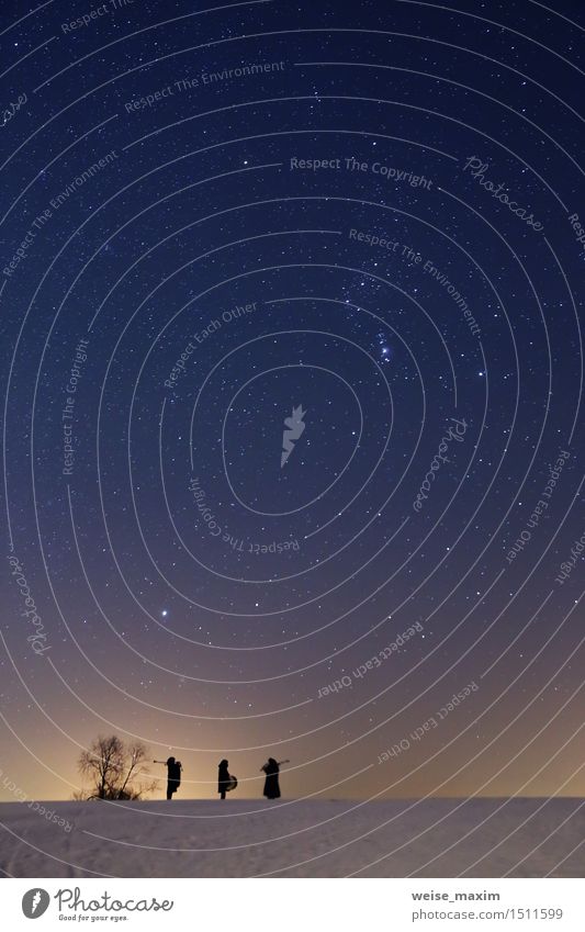 Sternenklare Winternacht mit Orion-Konstellation Schnee Himmel Horizont Eis Frost Baum Sträucher Wiese Hügel Skyline Wege & Pfade blau gelb schwarz weiß
