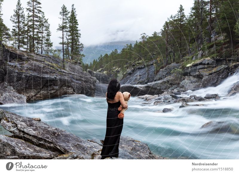 Märchen | Symbolik oder Kitsch? Sinnesorgane Mensch feminin Frau Erwachsene Urelemente Wasser Wald Felsen Schlucht Fluss Wasserfall Kleid Teddybär warten