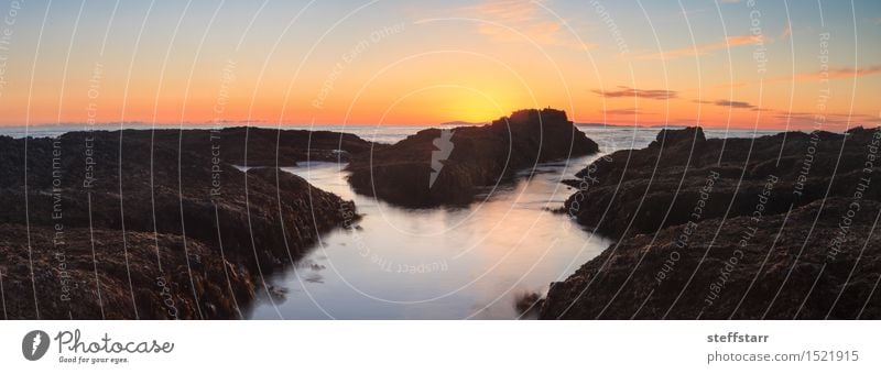 Langzeitbelichtung von Felsen bei Sonnenuntergang Natur Landschaft Sommer Küste Strand Riff Meer Stein blau braun gelb gold orange rosa silber türkis weiß