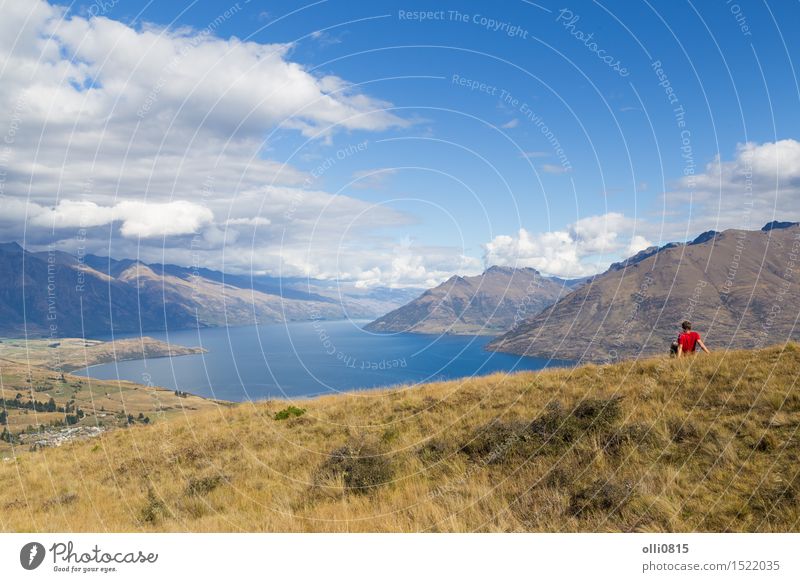 Mann, der Ansicht von Queenstown Hill, Neuseeland genießt Ferien & Urlaub & Reisen Tourismus Sightseeing Insel Berge u. Gebirge Mensch Erwachsene Jugendliche 1