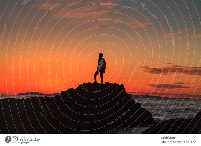 Schattenbild eines Mannes bei Sonnenuntergang auf einem Felsen Gesundheit Junger Mann Jugendliche 1 Mensch Sonnenaufgang Küste Meer Hafen Stein Wasser Denken