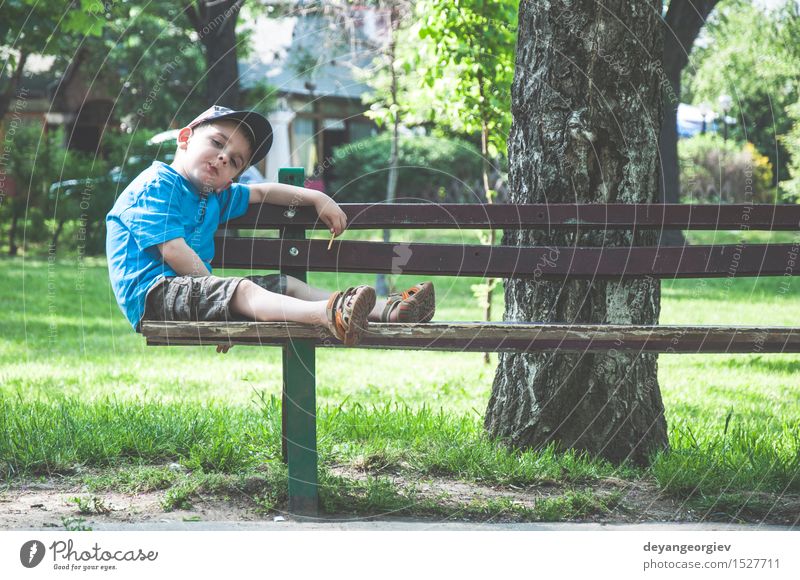 Kleiner Junge auf einer Bank im Park Lifestyle Freude Glück Sommer Kind Mensch Kindheit Natur Herbst sitzen klein niedlich essen jung Kaukasier Außenaufnahme