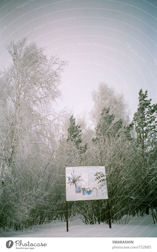 Tafel mit einer Warnung Sibirien Baum Eis schwarz Schnee Wald Frost Winter lomo 135 mm Film Russland -30 C kalt Sturm der Bruder der Person Graffiti-Tags